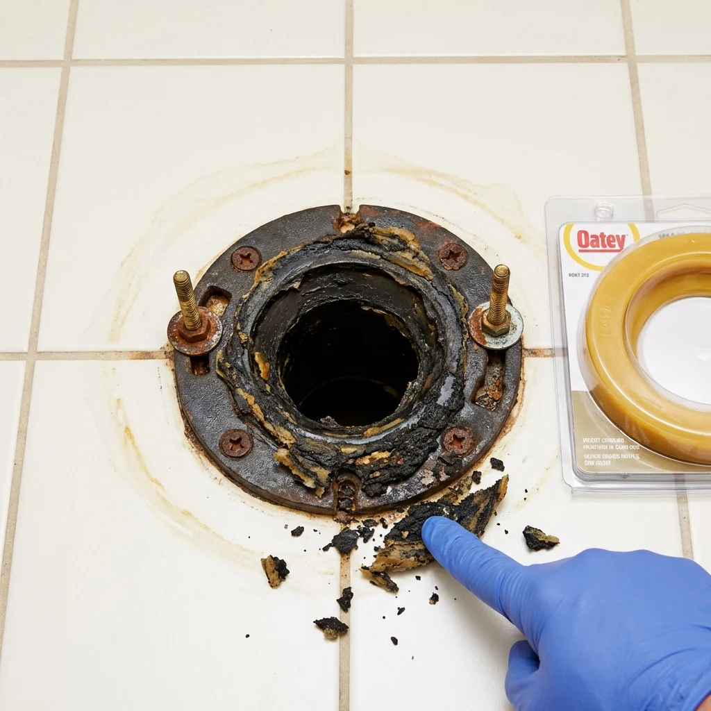 Failed wax ring showing water seepage at the base of a toilet in a Avon, OH home