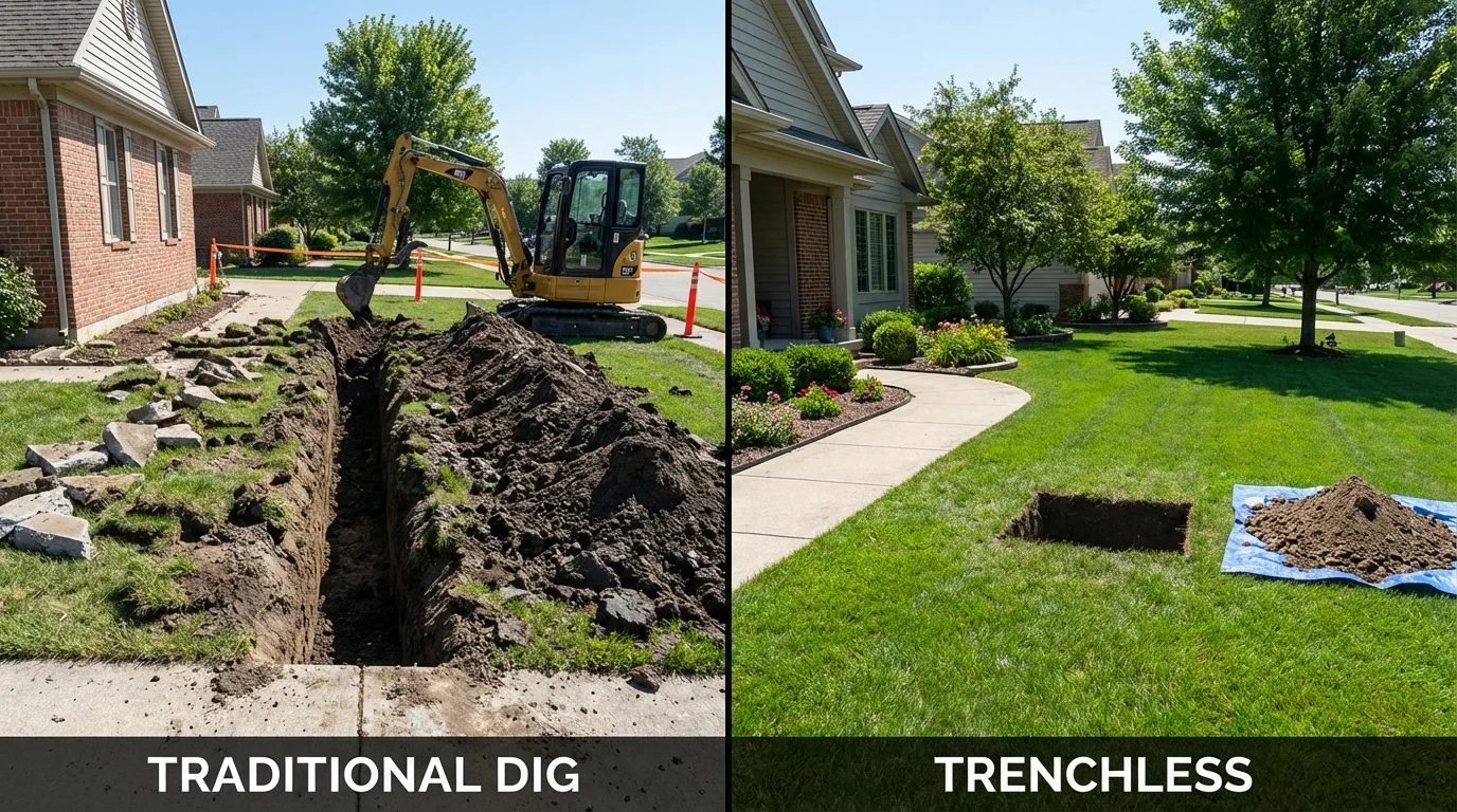 Trenchless sewer repair with minimal yard damage versus traditional excavation in Avon, OH
