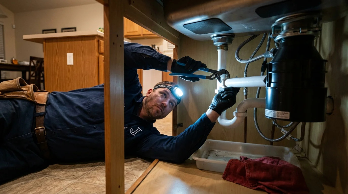 P-trap and supply line connections under a kitchen sink showing a common leak point in Avon, OH
